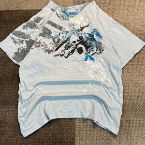 Y2K Monarchy Blue Graphic T-Shirt Skull Cross All Over Print Grunge Mens Large
